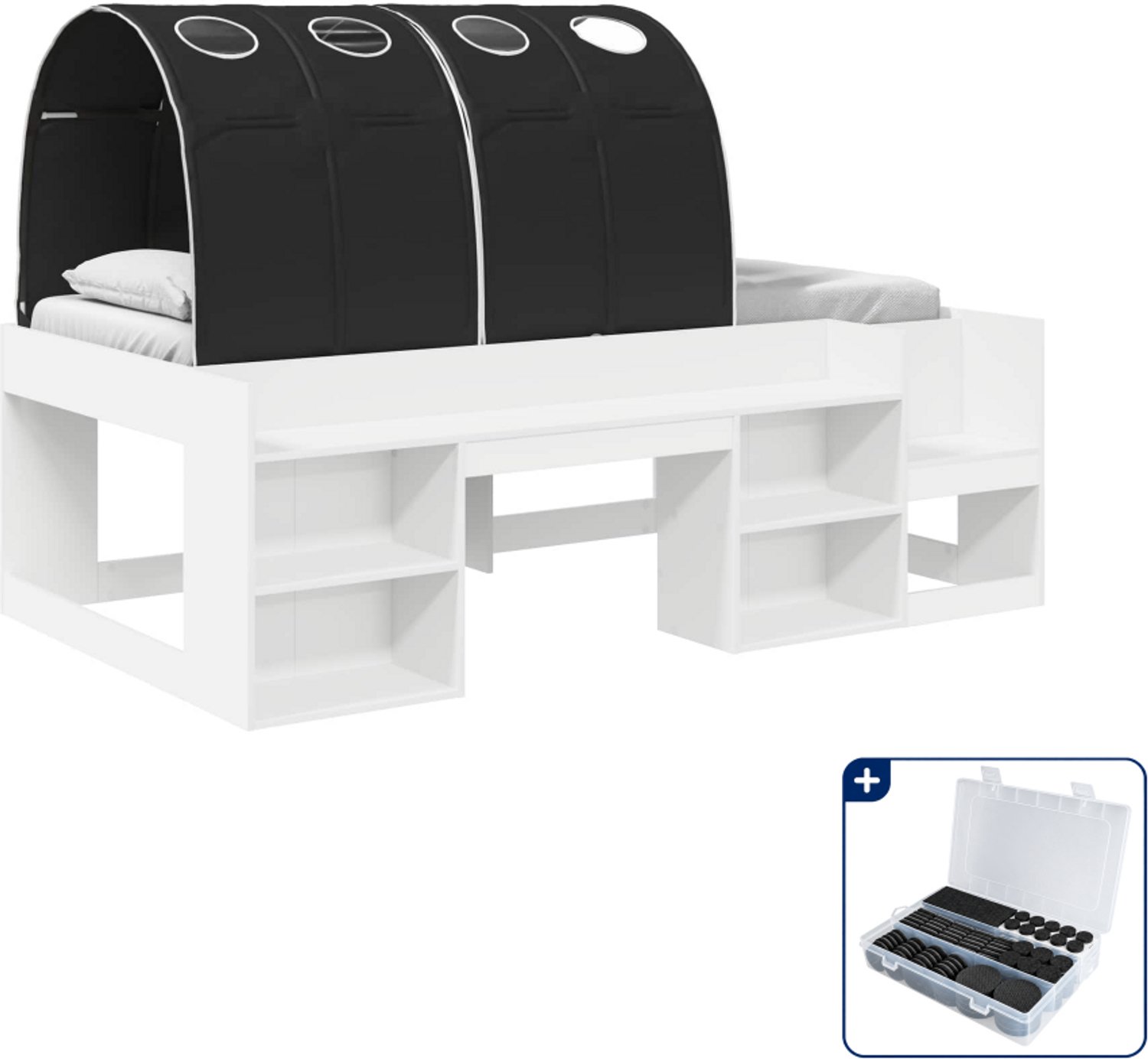vidaXL loftbed met tunnel - 90 x 190 cm - bewerkt hout - wit en zwart - Inclusief antikrasvilt 177-delig