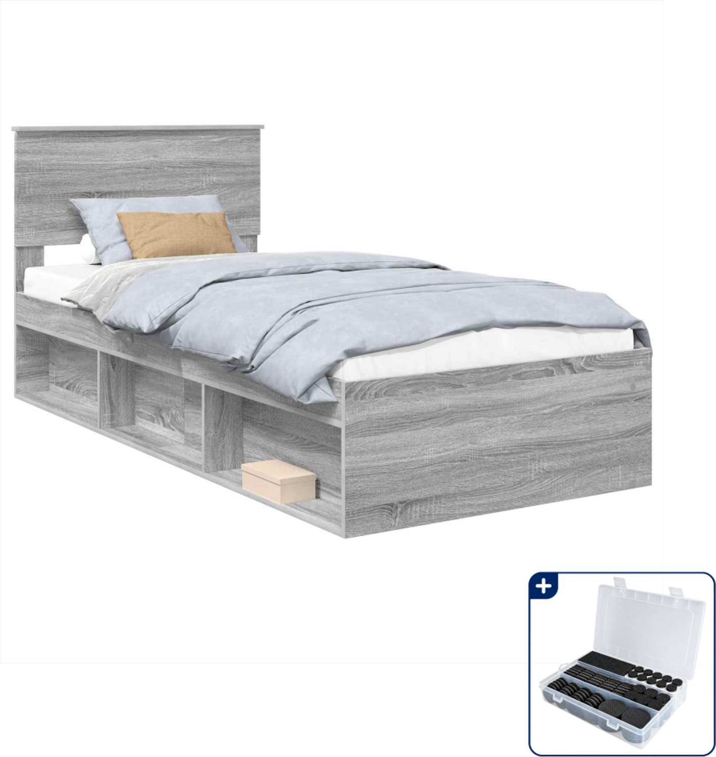 vidaXL bedframe met hoofdeinde - 75 x 190 cm - bewerkt hout - grijs sonoma - Inclusief antikrasvilt 177-delig Bruin