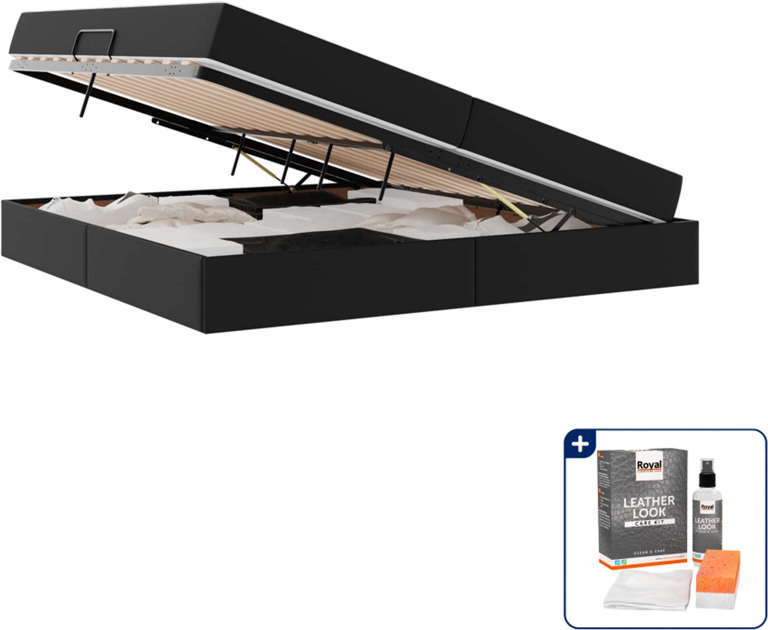 vidaXL opbergbed met matras - 200 x 200 cm - kunstleer - zwart - Inclusief onderhoudsset voor kunstleer 150 ml Grijs