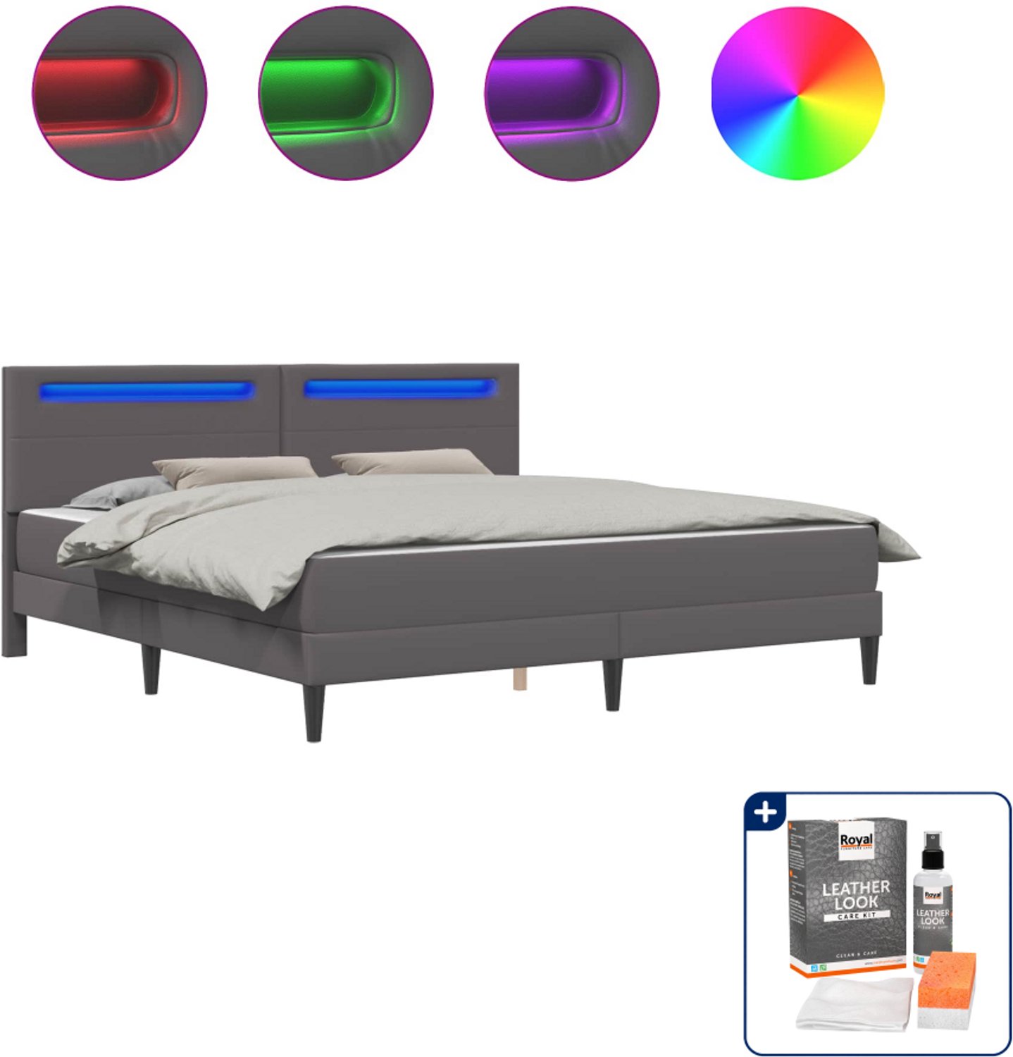 vidaXL bed met matras Kingsize - 180 x 200 cm - kunstleer - grijs - Inclusief onderhoudsset voor kunstleer 150 ml