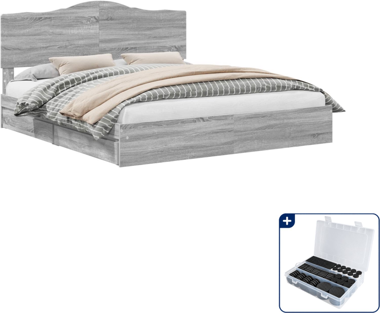 vidaXL bedframe - 200 x 200 cm - bewerkt hout - grijs sonoma - Inclusief antikrasvilt 177-delig