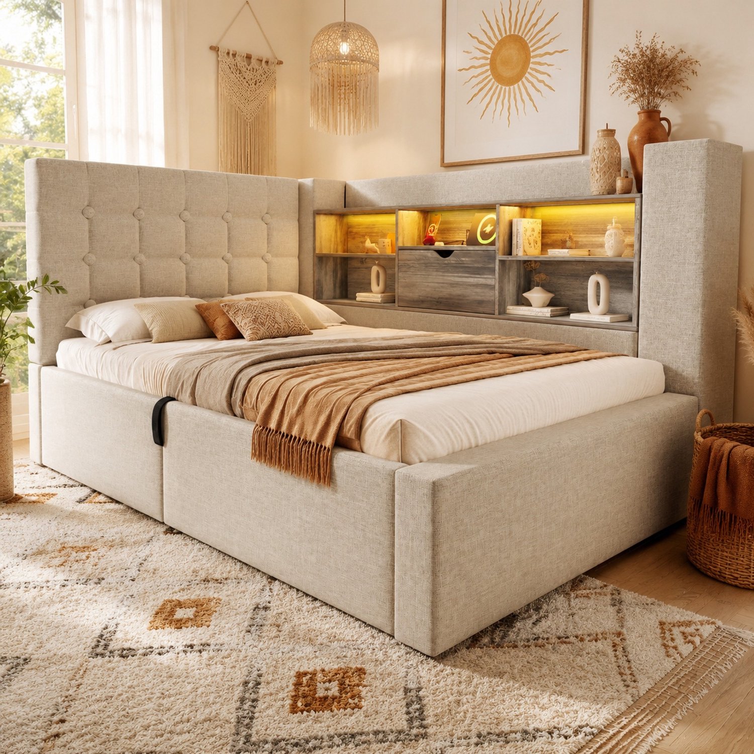 Maisentiel Gestoffeerd eenpersoonsbed 90 x 190 cm met opbergruimte, ledverlichting en lattenbodem - beige
