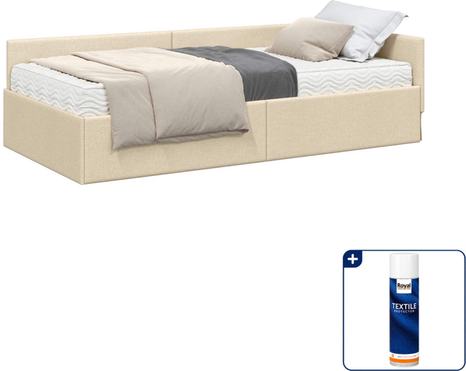 vidaXL hoekbedframe met matras - 90 x 200 cm - stof - crème - Inclusief textielbeschermer 500 ml Bruin