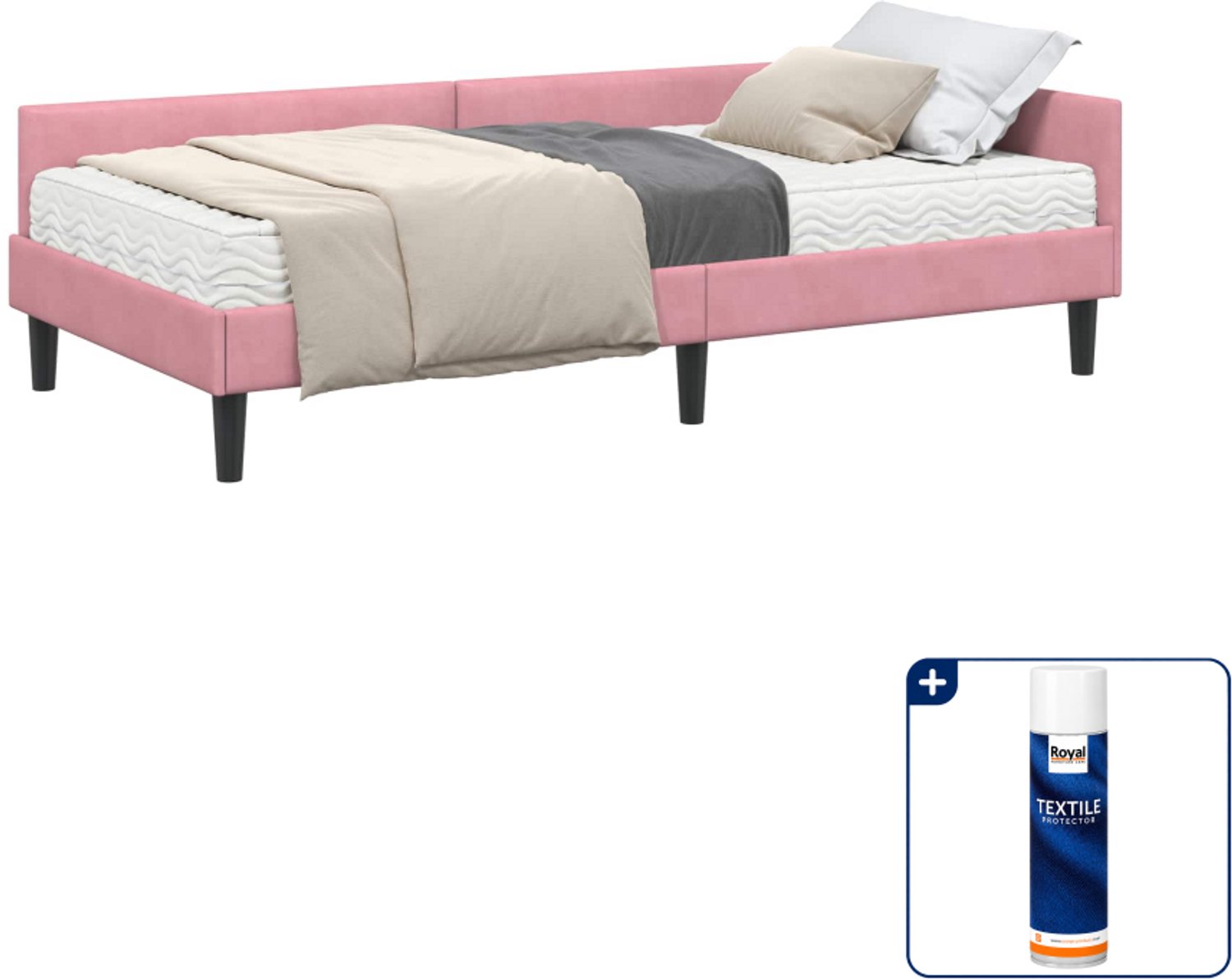 vidaXL hoekbedframe met matras - 100 x 200 cm - fluweel - roze - Inclusief textielbeschermer 500 ml Lichtgrijs