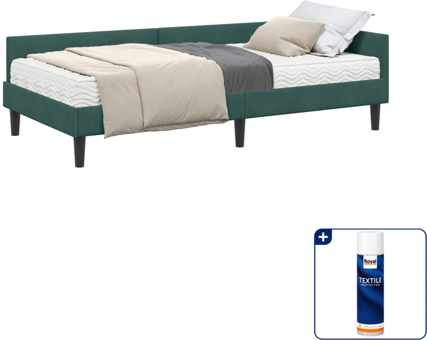 vidaXL hoekbedframe met matras - 100 x 200 cm - fluweel - donkergroen - Inclusief textielbeschermer 500 ml Lichtgrijs