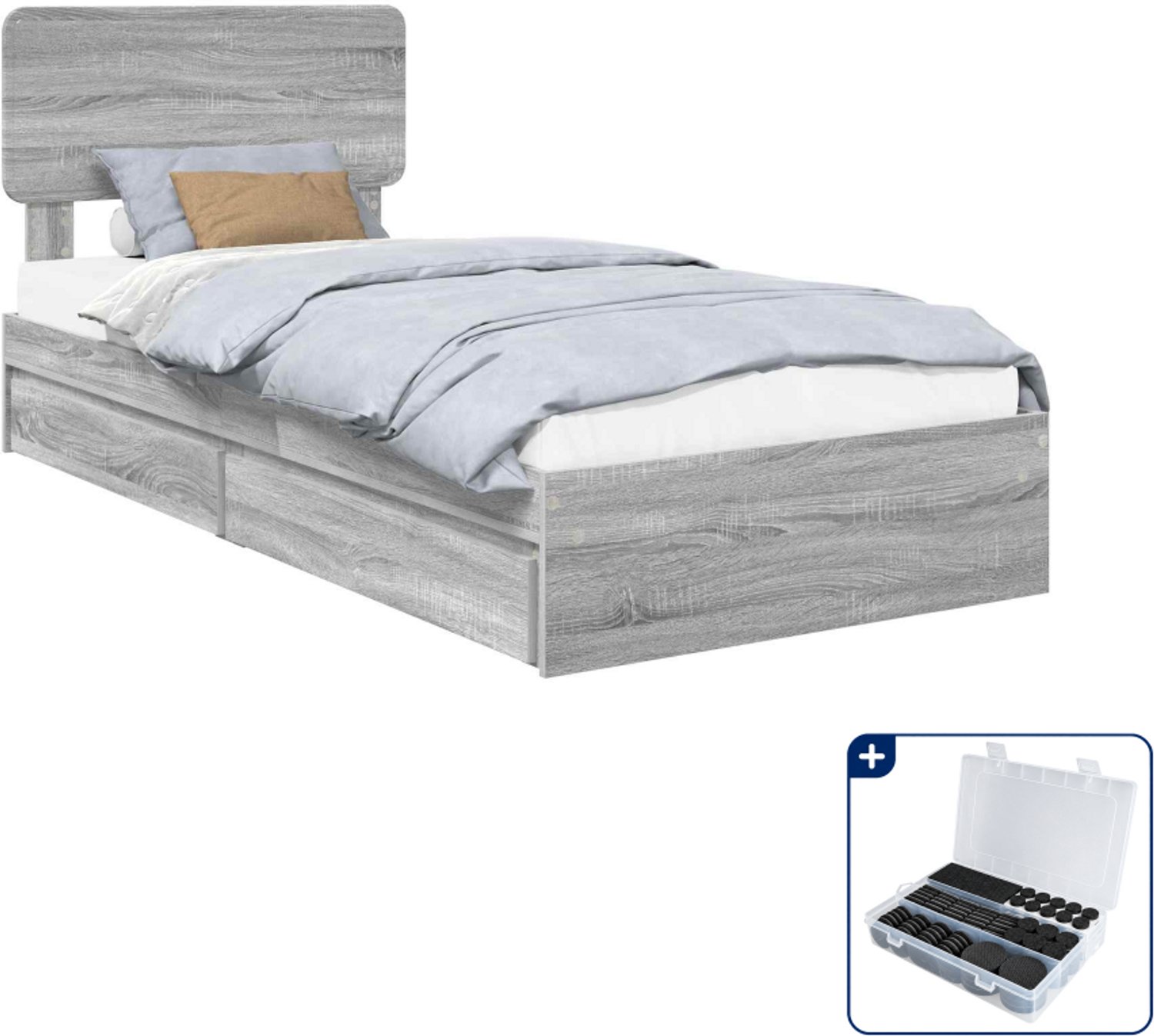 vidaXL opbergbed met lade - 90 x 190 cm - bewerkt hout - grijs sonoma - Inclusief antikrasvilt 177-delig
