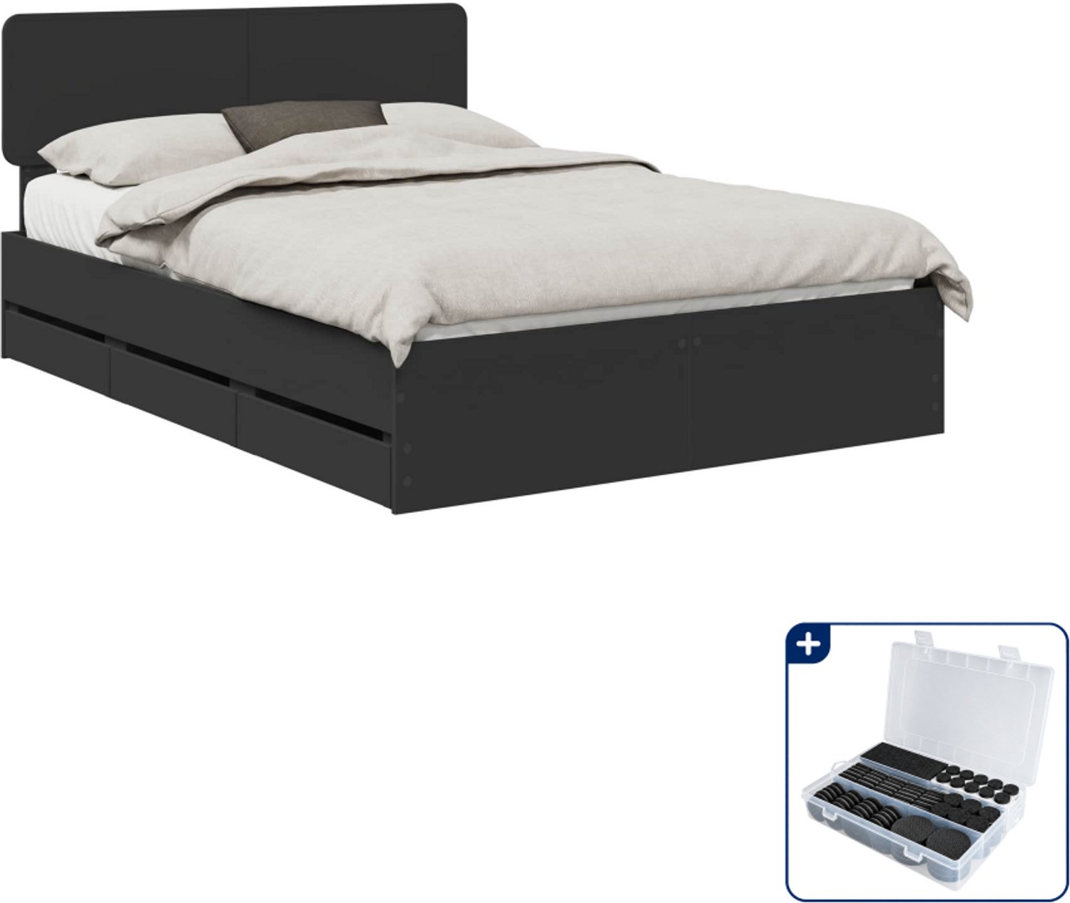 vidaXL Bedframe met lade - 150 x 200 cm - bewerkt hout - zwart - Inclusief antikrasvilt 177-delig Taupe