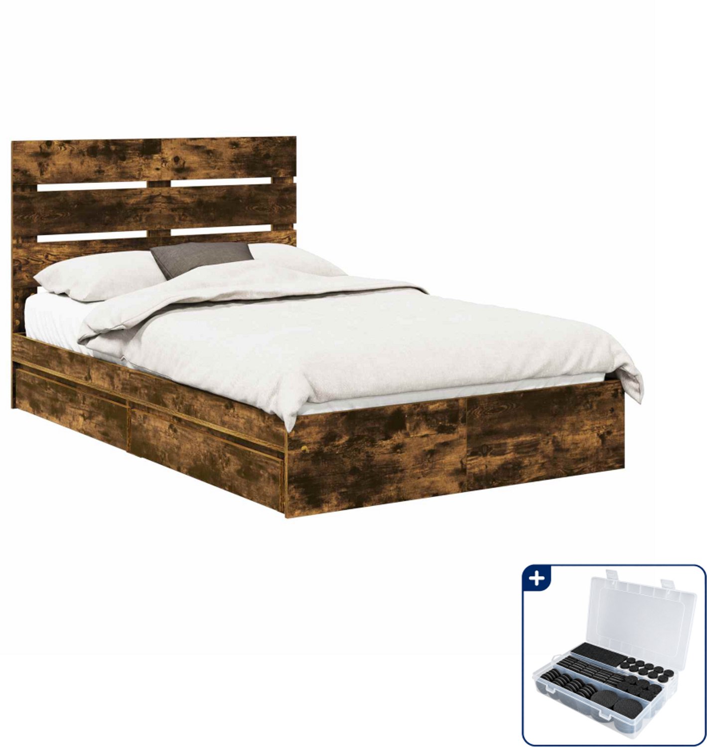 vidaXL bedframe met lade - 135 x 190 cm - bewerkt hout - gerookt eiken - Inclusief antikrasvilt 177-delig Bruin