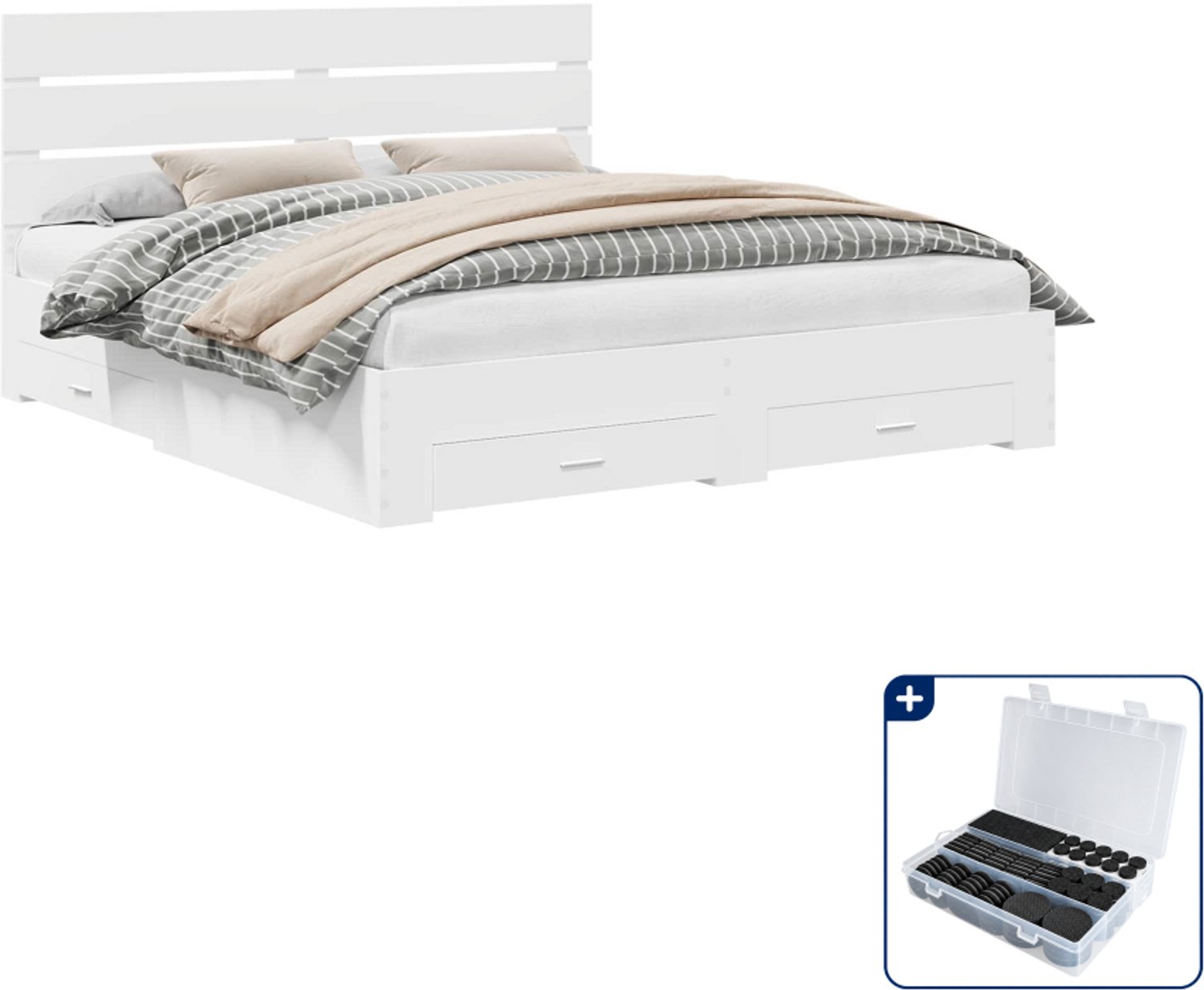 vidaXL Bedframe - Kingsize - 180 x 200 cm - bewerkt hout - wit - Inclusief antikrasvilt 177-delig Grijs
