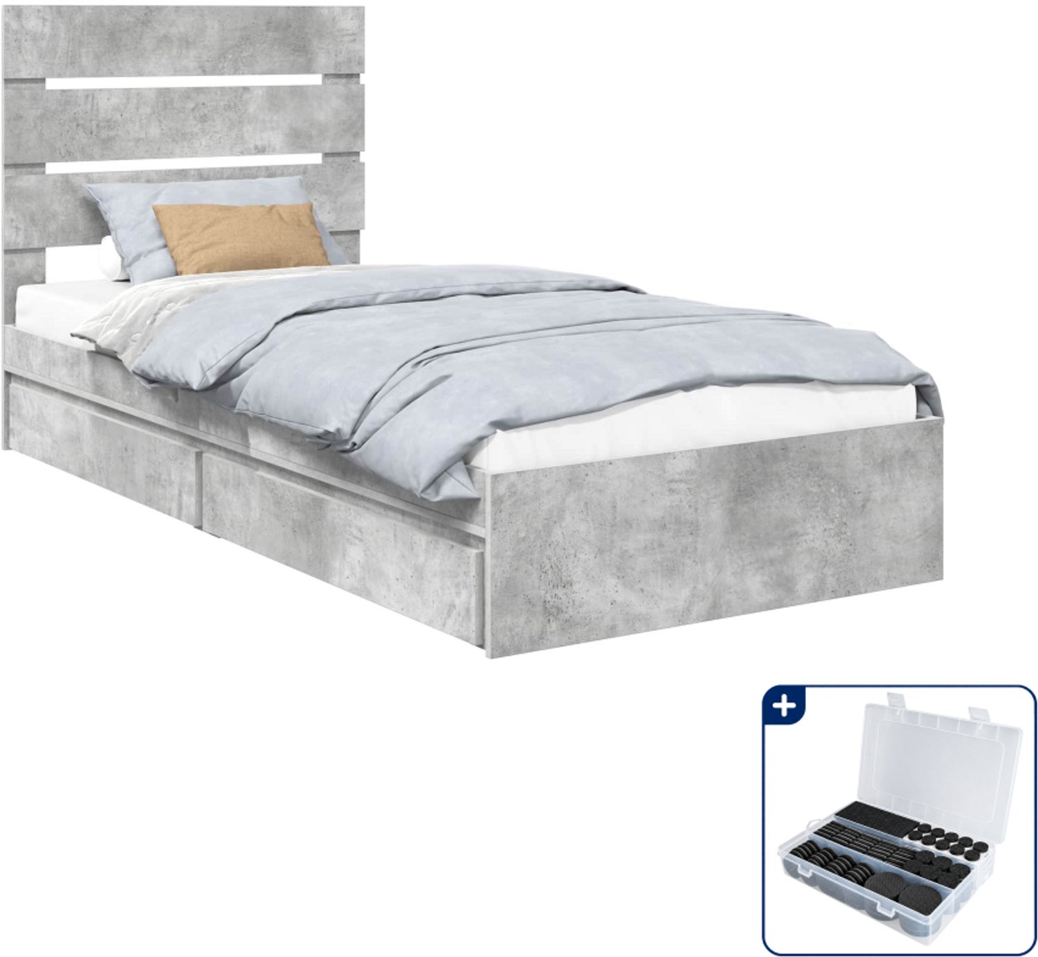 vidaXL bedframe - 90 x 190 cm - bewerkt hout - beton grijs - Inclusief antikrasvilt 177-delig