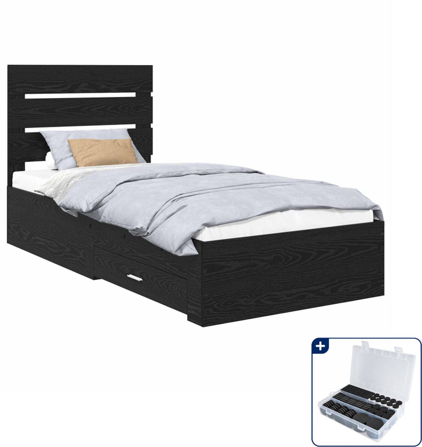 vidaXL bedframe met lade - 90 x 190 cm - bewerkt hout - zwart eiken - Inclusief antikrasvilt 177-delig