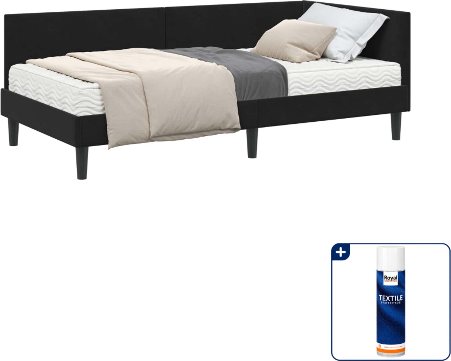 vidaXL hoekbedframe met matras - 90 x 190 cm - fluweel - zwart - Inclusief textielbeschermer 500 ml Lichtgrijs