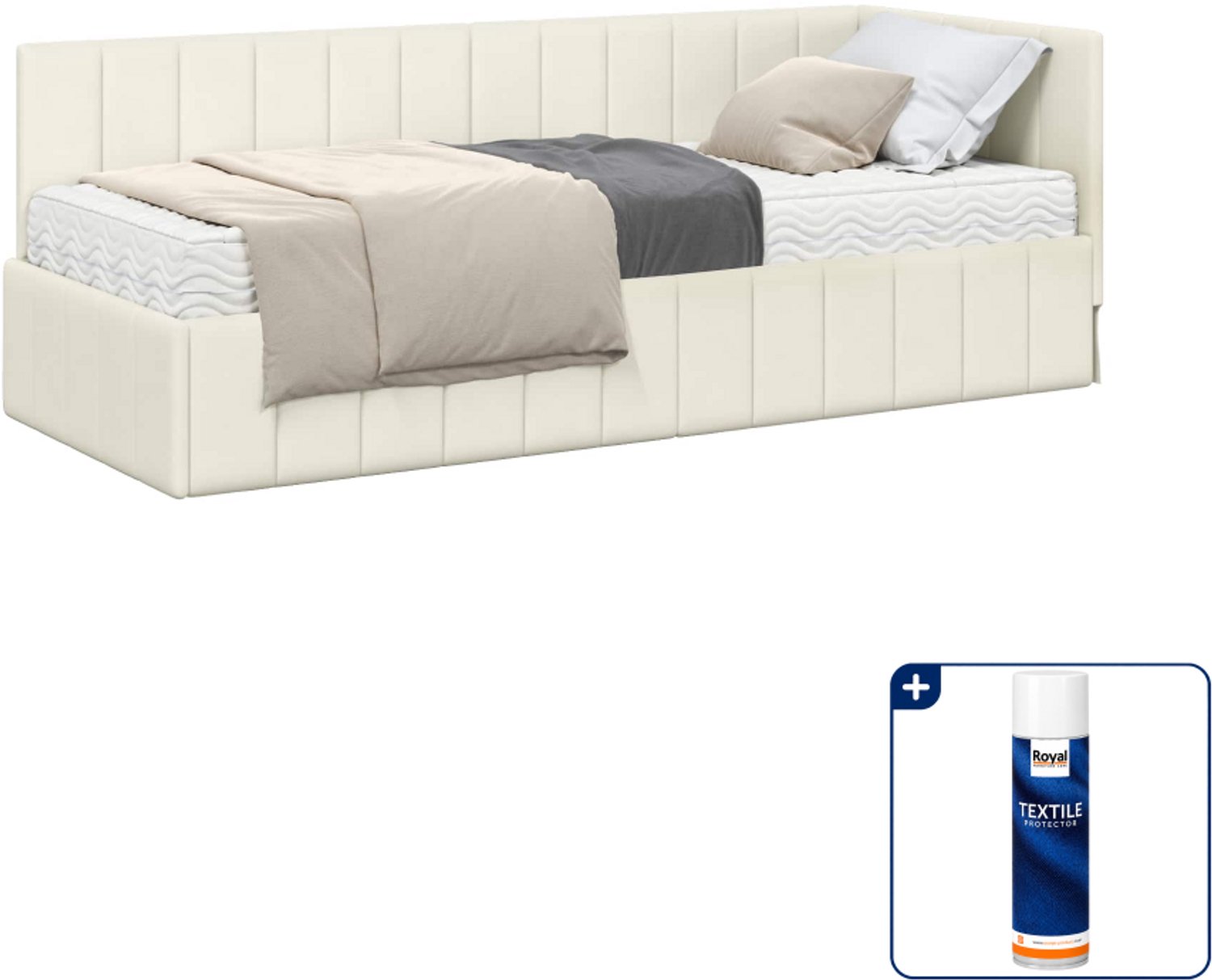 vidaXL hoekbedframe met matras 2-delig - 80 x 200 cm - fluweel - crème - Inclusief textielbeschermer 500 ml