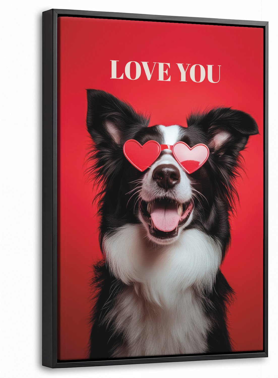 Canvas Schilderij met Baklijst 40x60cm - Hond - Hartjesbril - Loveyou - Rood - Muurdecoratie woonkamer - Slaapkamer decoratie - Kamer accessoires - Schilderijen op canvas met lijst