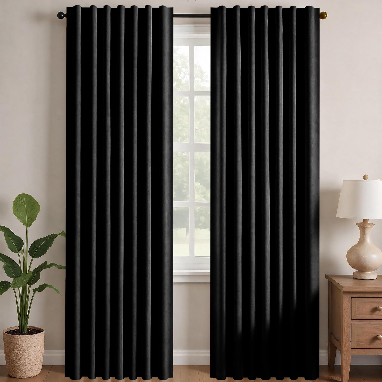 Famanu Moderne verduisterende gordijnen voor binnen, thermisch isolerend met 3 montagemethoden, ideaal voor raam slaapkamer en woonkamer, 140×260 cm, zwart, set van 2 panelen