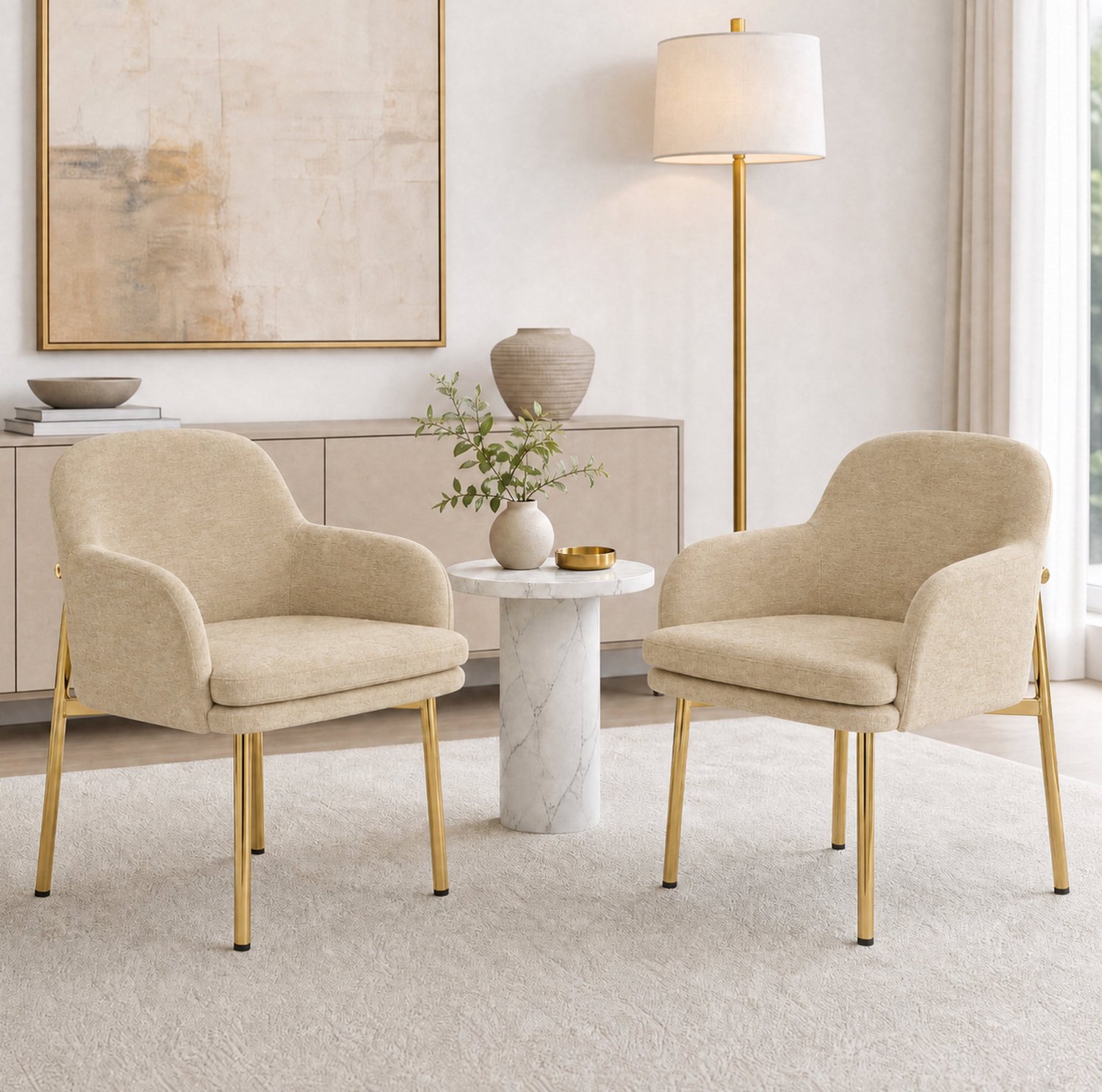Maisentiel Set van 2 gestoffeerde eetkamerstoelen met armleuningen – bruin en goudkleurig Beige