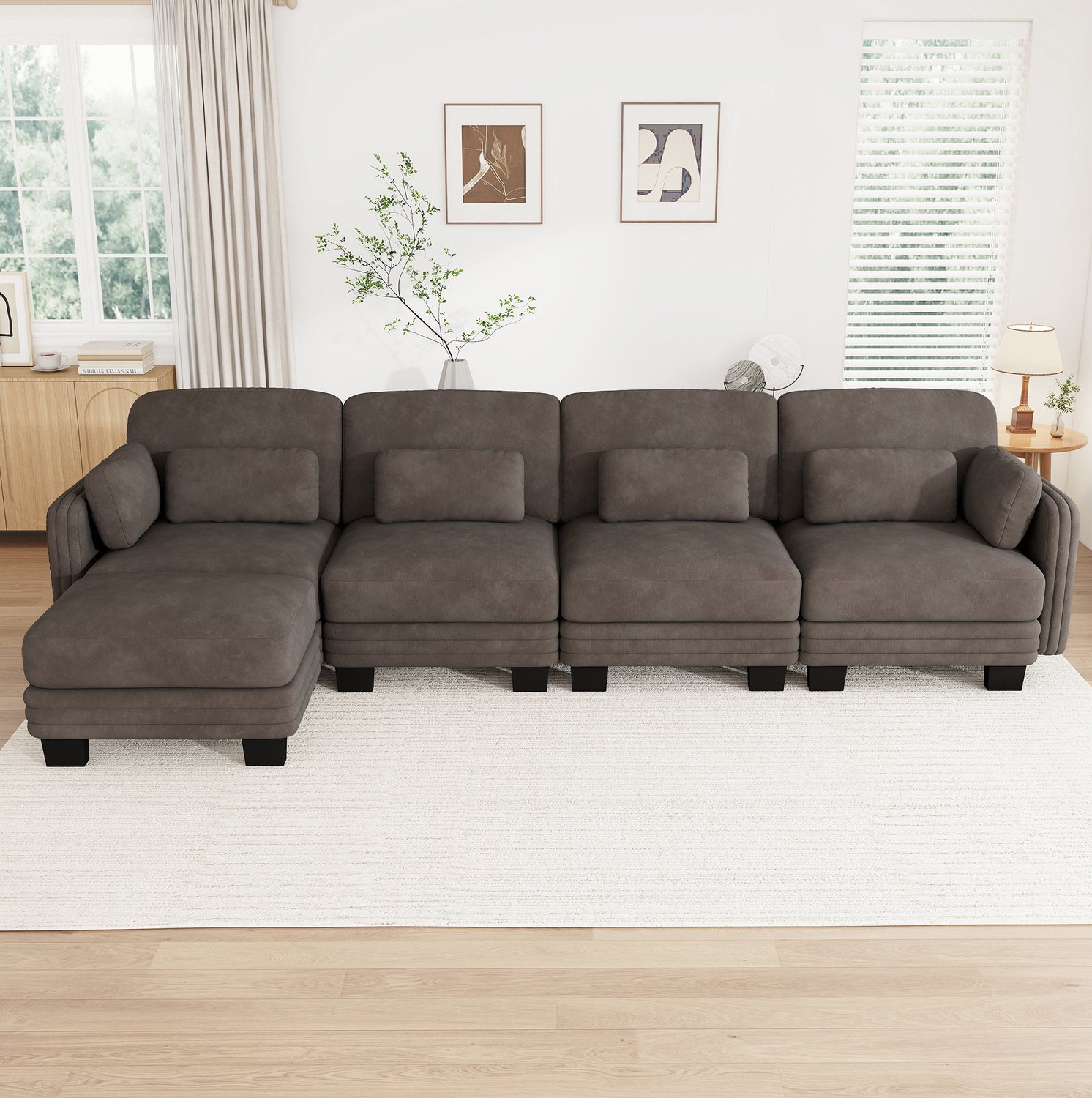 MIVRAY Hoekbank 330 x 143 x 88 cm - Modulaire Vierpersoonsbank met Voetenbank en Verplaatsbare Kussens - Voor Woonkamer - Chenille - Bruin