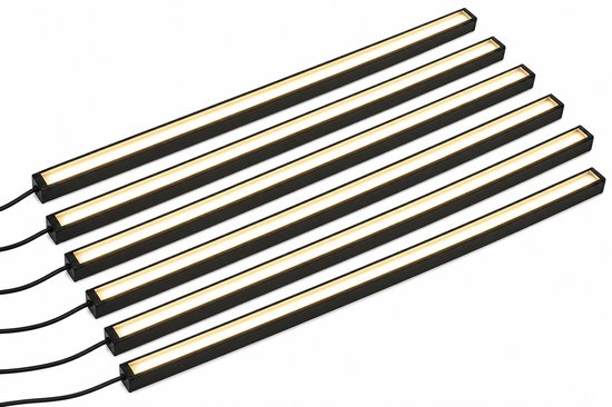 Zes identieke zwarte LED-lichtstrips met warm wit licht, netjes naast elkaar gerangschikt op een witte achtergrond.