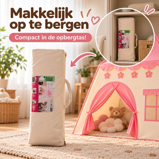 Bobbel Home - Speeltent XL - Met LED-verlichting - Speelkasteel - Roze Tent - Tent Voor Kinderen - Kindertent - Speelhuisje — cadeau in Spellen & Speelgoed - foto 7