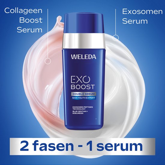 Weleda Exo Boost Double Serum in blauwe flacon met roze en witte serum-texturen, tekst: 2 fasen - 1 serum.