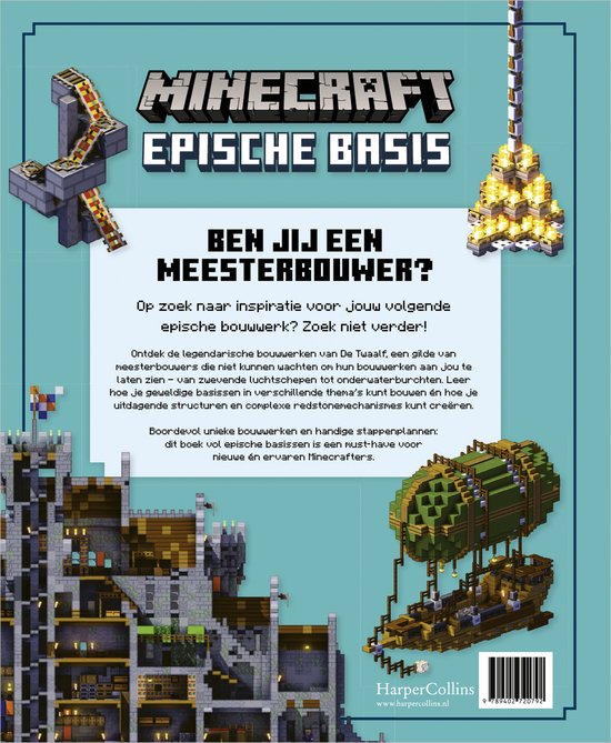Achterkant van het Minecraft Epische basis boek met illustraties van bouwwerken en de samenvatting in het Nederlands.