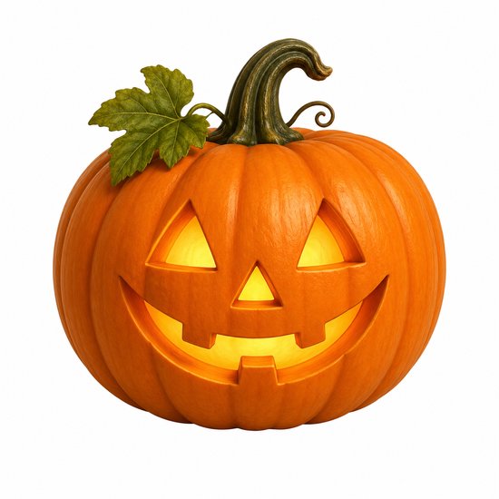 Een verlichte Halloween pompoen met een lachend gezicht, groene steel en blad.