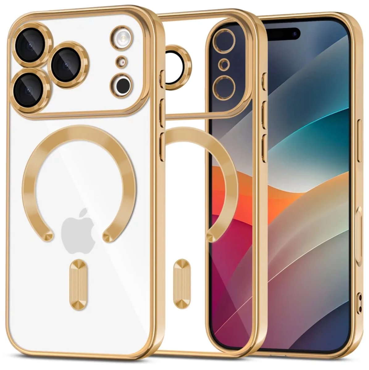 Hoesje Geschikt iPhone 18 Pro Max Hoesje – Transparant/Goud Hybrid Backcover, MagSafe Compatibel & Verhoogde Camerabescherming – Slank en Stevig - Ntech