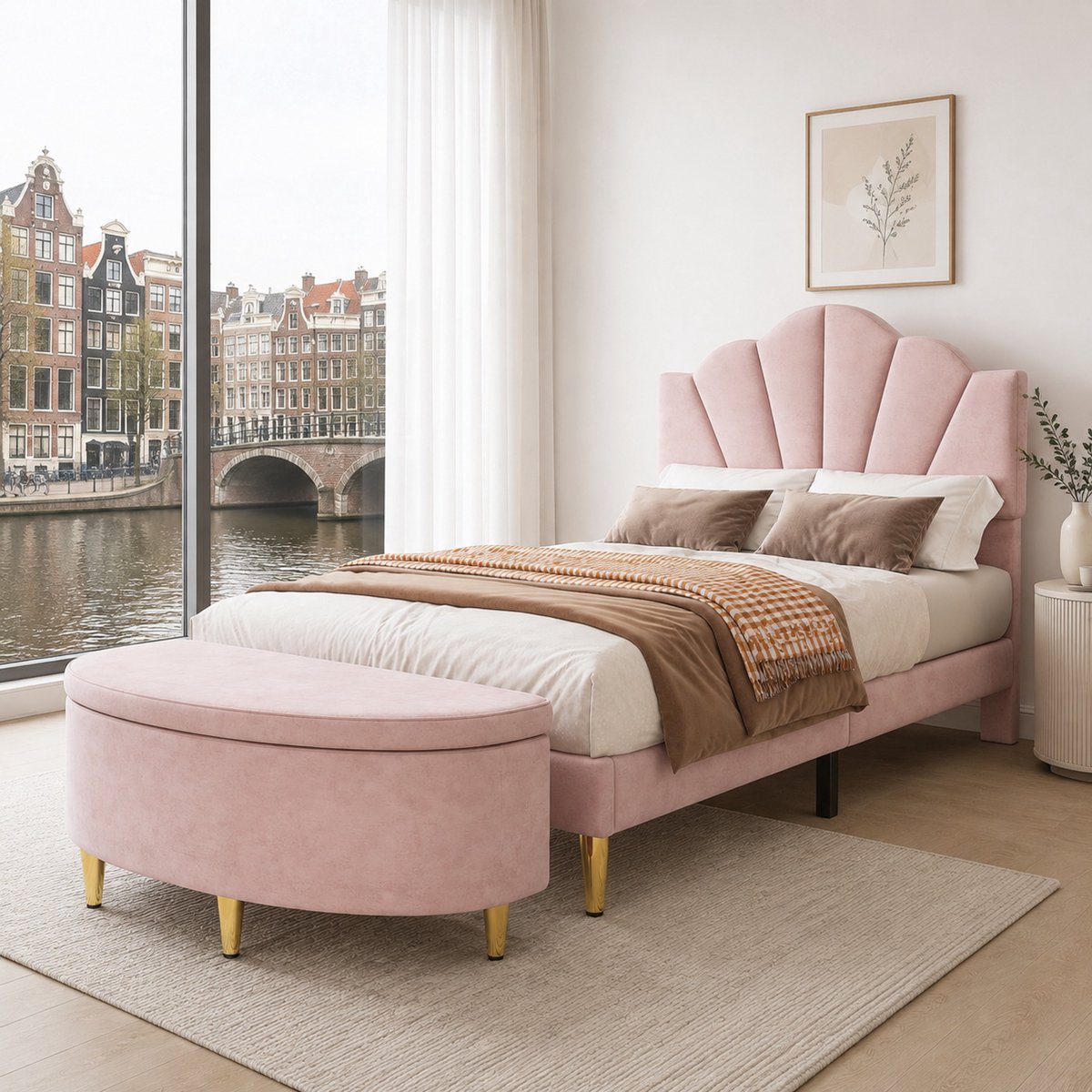 WUVRIE Roze fluweel gestoffeerd bed 90x200 cm met gouden ijzeren poten en verstelbaar hoofdbord Pink