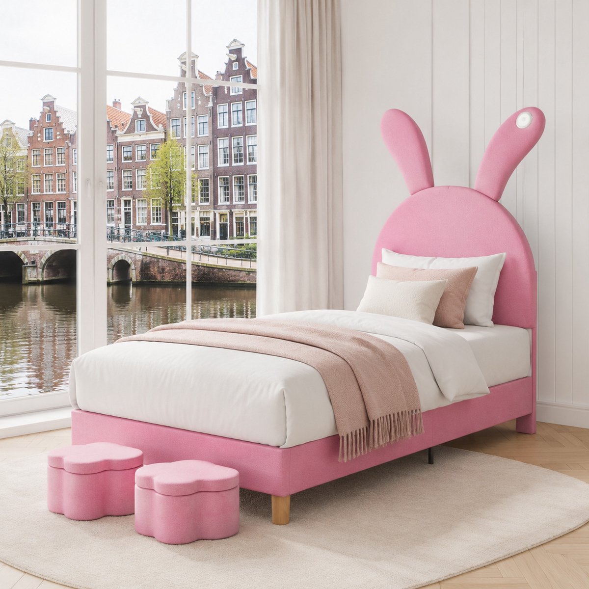 WUVRIE Polsterbett 90x200 met twee opbergruimte schokkers, LED-nachttafelverlichting, uitklapbare konijnenoren, zonder matras, jeugdbed, lattenrooster, verstelbaar hoofdeinde, Frans velours, roze Pink