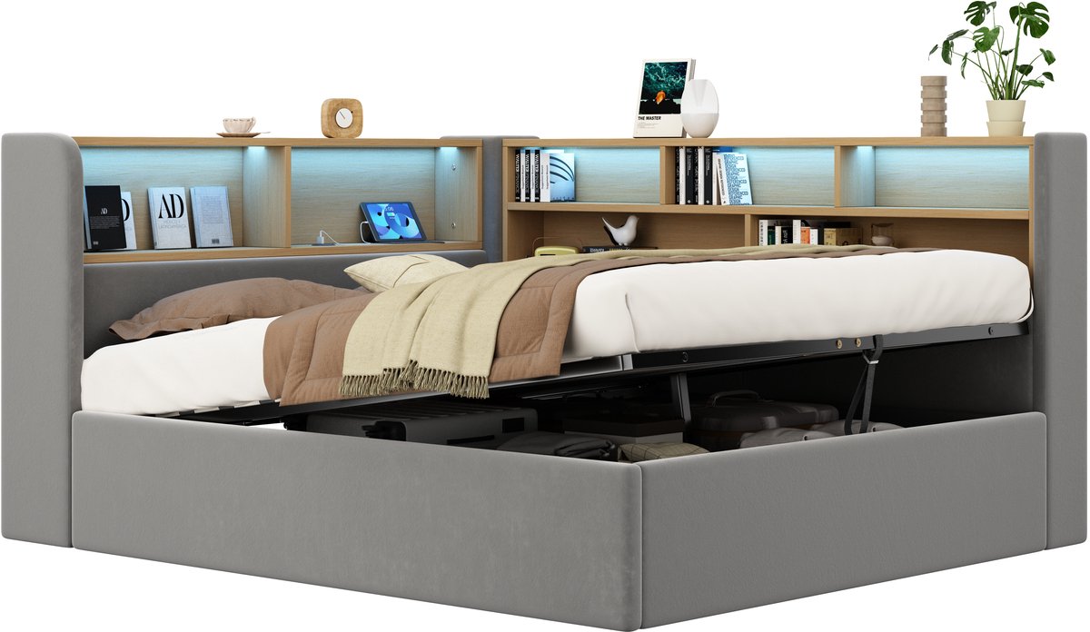 REDOM - Slaapbank met opbergruimte - Hydraulisch opklapbaar bedframe - LED-verlichting - Met lattenbodem - Fluwelen bekleding - Grijs - 140 x 190 cm