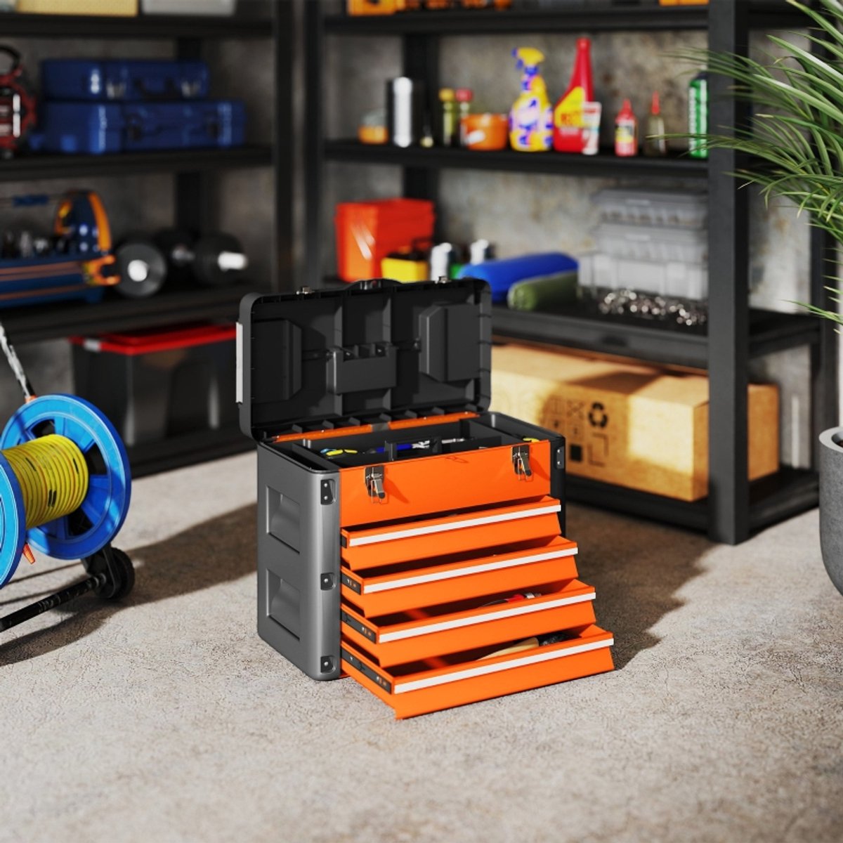 MODFU-Gereedschapskoffer-Metaal-Kunststof-4 Lades-Handgreep-Orange