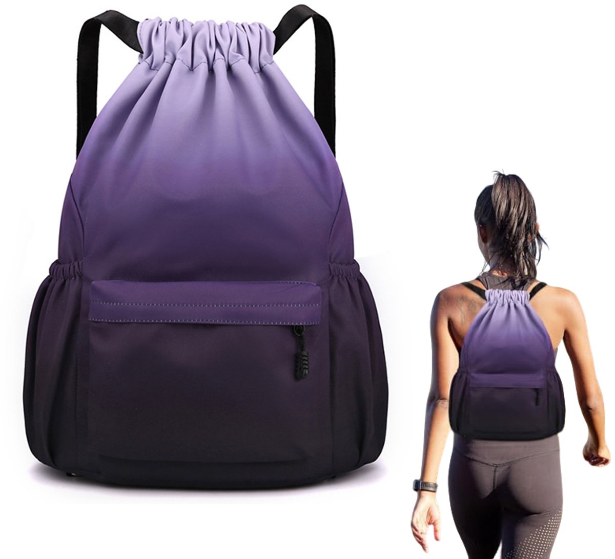 Waterdichte rugzak met trekkoord van Oxford-stof - Rugzak met trekkoord - Waterdichte sporttas - Schoudertas met trekkoord - Opbergtas - Rugzak - 48*34*15 cm - Geschikt voor sport, werk, uitstapjes, enz. - Zwart, paars