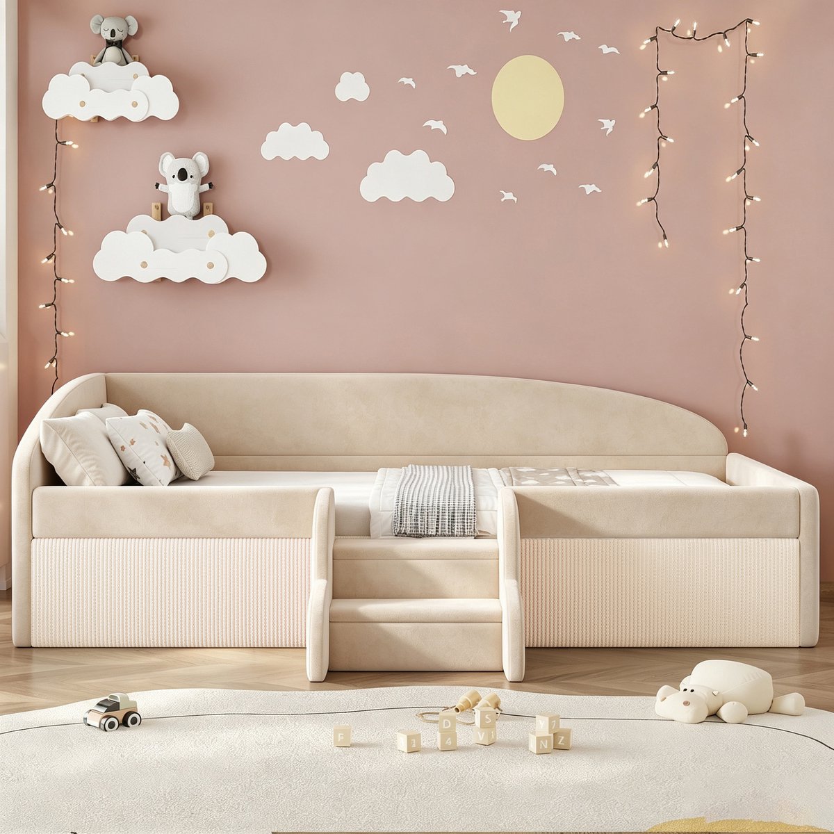 Kinderbed 90x190cm Zonder Matras - Gestoffeerd Bed Met Trap En Uitvalbeveiliging - Voor Kinderkamer En Speelhoek - Stof - Beige