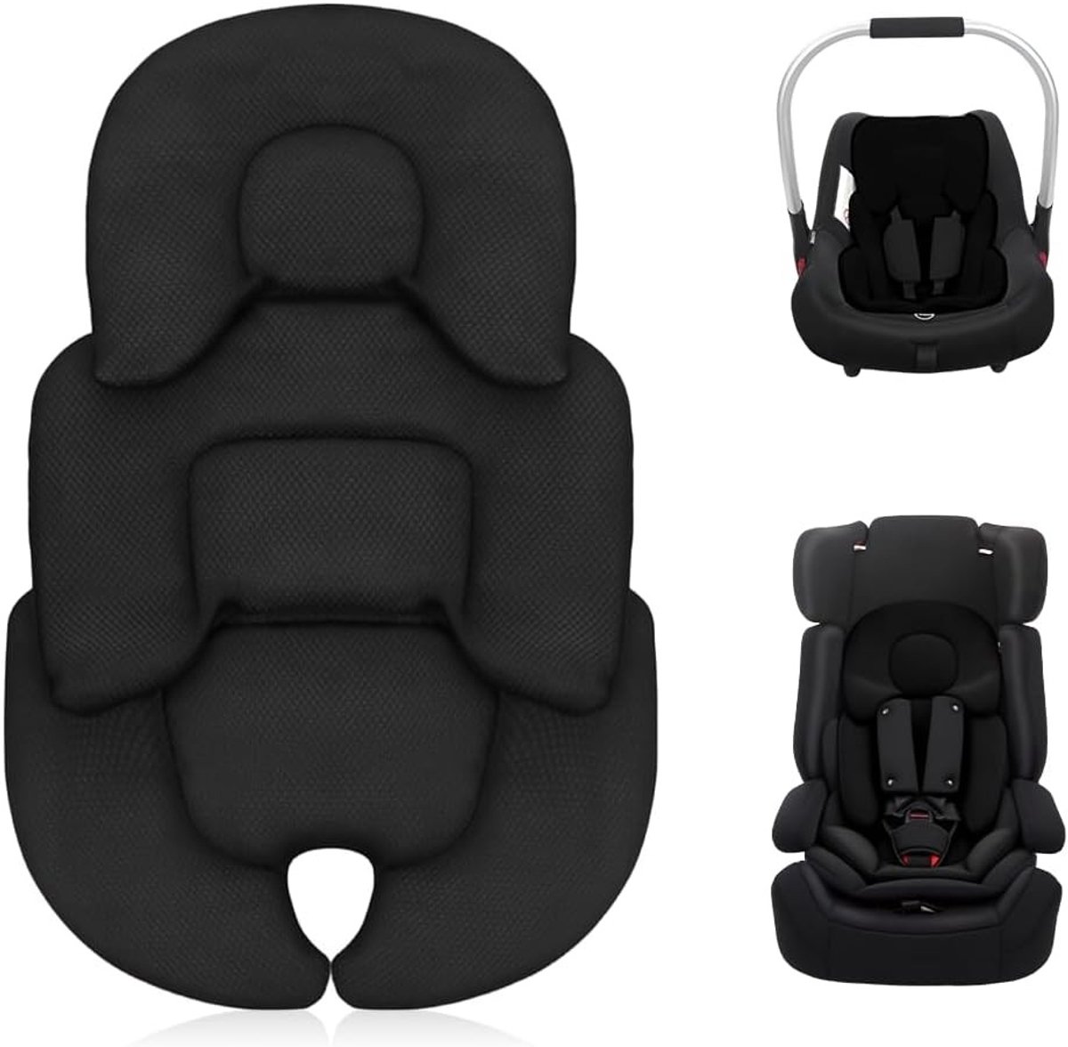 Zachte Ondersteuning en Hoofdkussen voor Baby's in Autostoelen en Kinderwagens, Zwart, Ideaal voor Pasgeborenen en Veiligheid