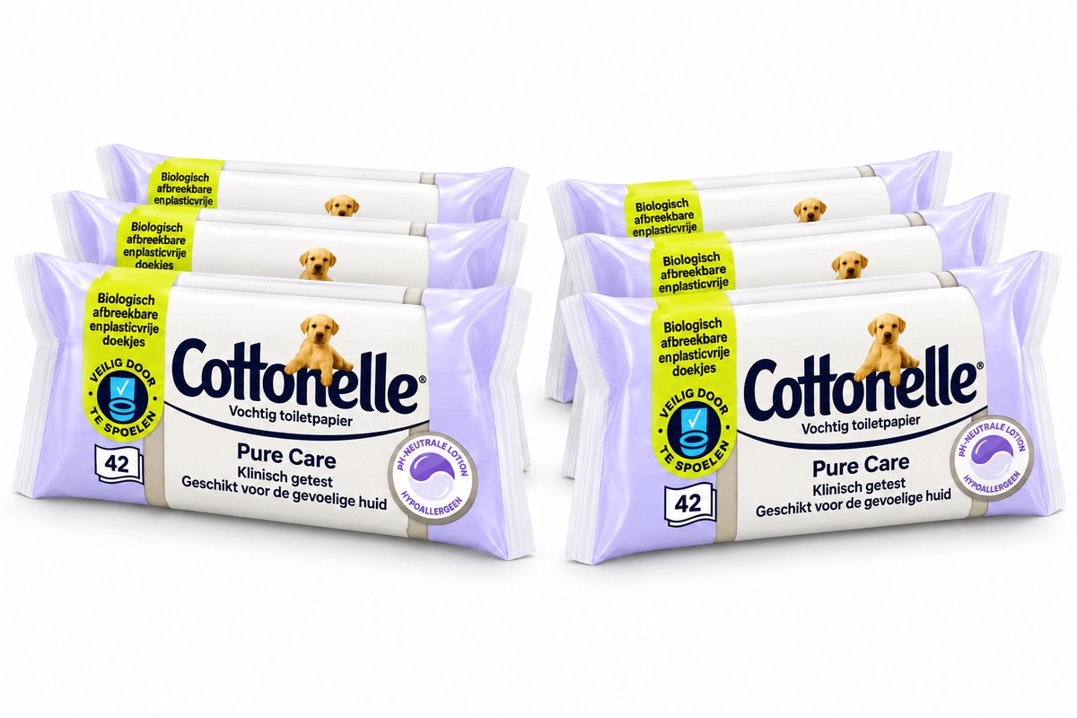 Cottonelle Pure Care Vochtig Toiletpapier – 6 x 42 Doekjes – pH-Neutraal – Voor Gevoelige Huid – Plasticvrij & Biologisch Afbreekbaar