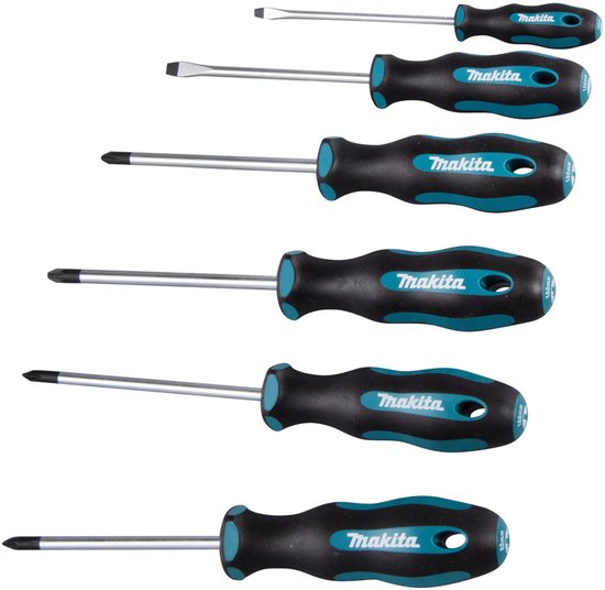Zes Makita schroevendraaiers met zwarte en turquoise handvatten, waaronder platte en kruiskop types.