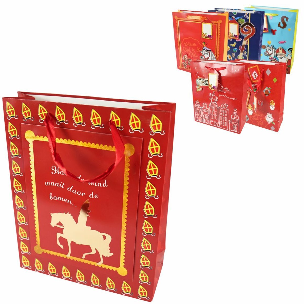 Sinterklaas Cadeautasjes – Set van 6 stuks – Assorti – Luxe Papieren Cadeautassen met Linthengsel & Cadeaulabel – 26 x 10 x 32 cm