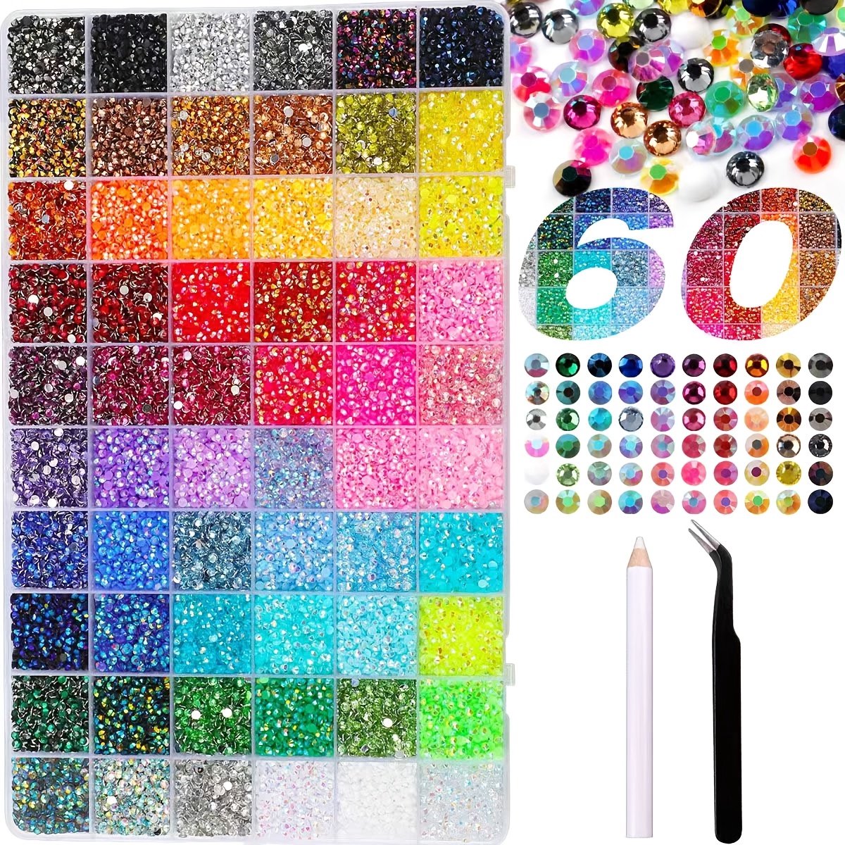 Currero Bedazzle Kit - Bedazzling - Plakstenen - Strass Steentjes - DIY Versieren - Set Met 48.000 Steentjes - 60 Kleuren - Nagel Decoratie - Met Pincet En Applicator