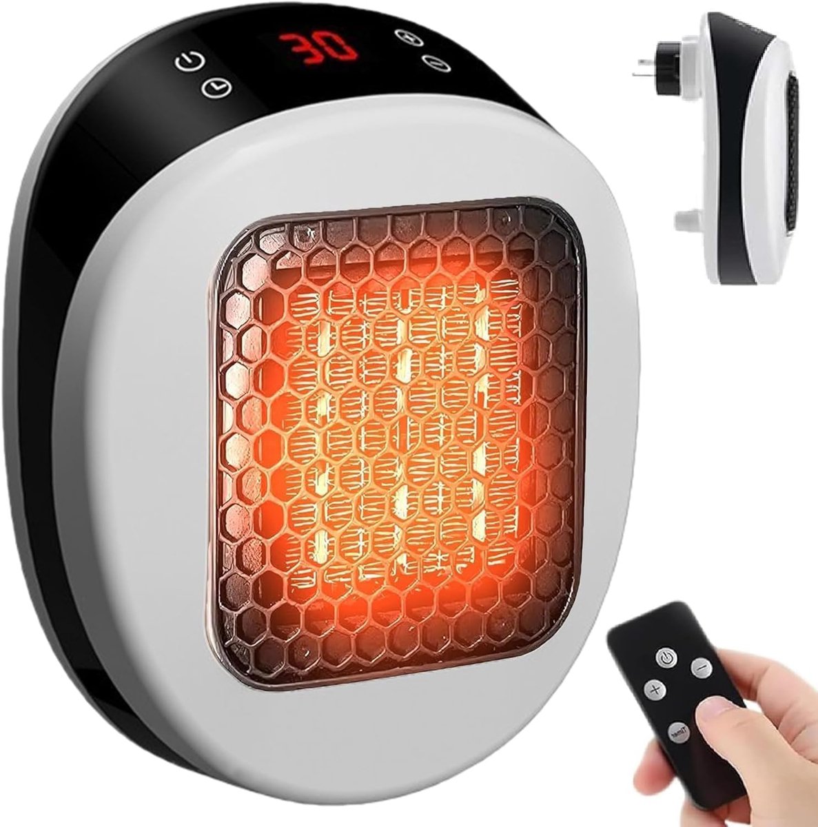 Stopcontacten ventilatorkachel met afstandsbediening, elektrische wandkachel, 600 W, met thermokeramische technologie, digitale thermostaat, 12-uurs timer, 270° draaibare stekker, geluidsarm en veilig