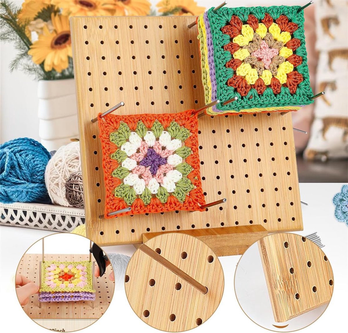 1 stuks houten vormplaat voor haken en breien 20×20cm, haakwerk vormmat inclusief 8 roestvrijstalen strips voor doe-het-zelf projecten