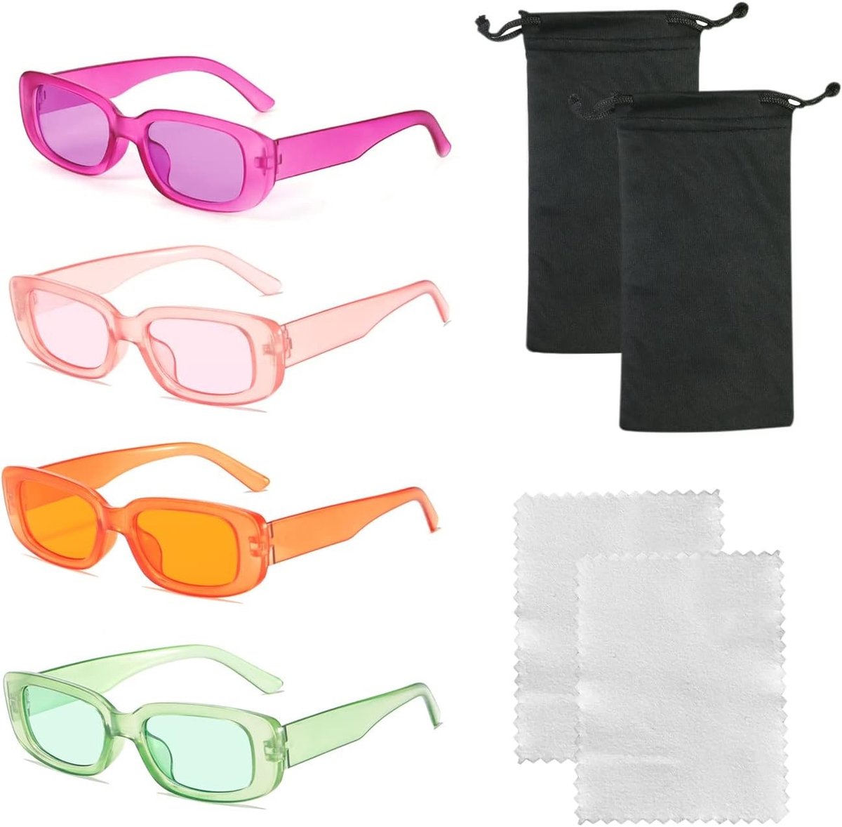 Retro zonnebril set met 4 vierkante monturen, 2 brillendoeken en 2 opbergcompartimenten voor UV-bescherming, perfect voor strandvakanties en feestjes