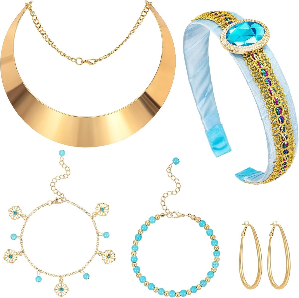 Prinsessen Kostuum Accessoires voor Dames en Meisjes, Jasmine Hoofdband, Choker, Ketting, Armband en Oorbellen voor Halloween en Cosplay Feestjes, Plastic en Polyester