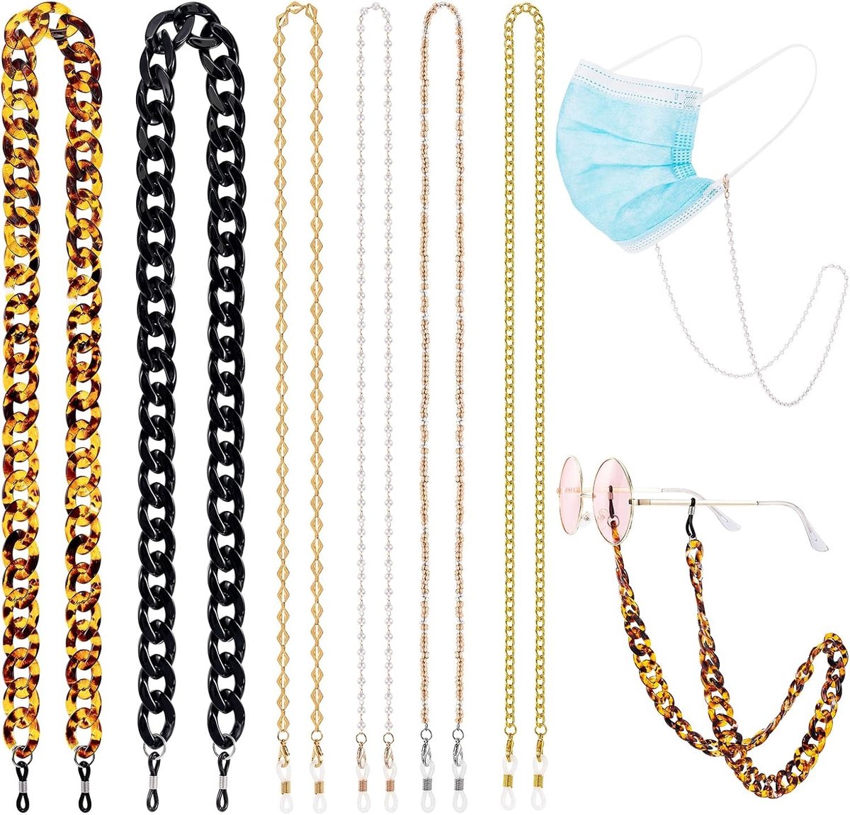 Elegante Glazen Kettingen voor Vrouwen en Mannen - Veiligheidsriemen voor Lees- en Zonnebrillen, Multicolor, 6 Stuks