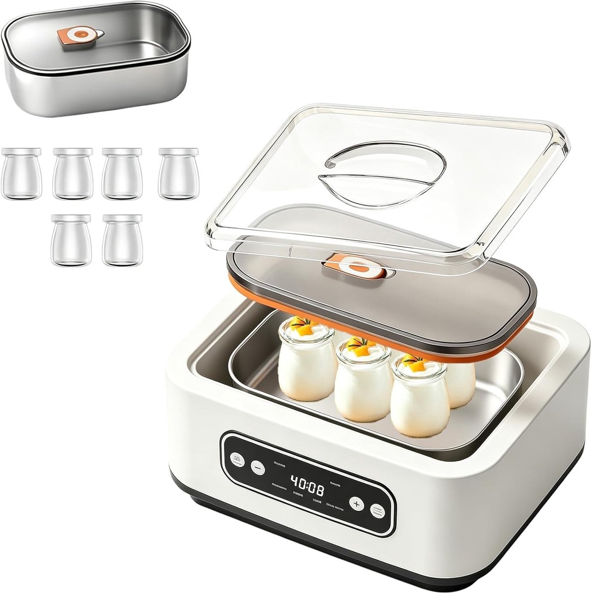 Yoghurtmaker 1.6L met 6 Glazen, Voor Griekse Yoghurt en Kaas, Timer en 3 Voorinstellingen voor Perfecte Yoghurt en Kaas