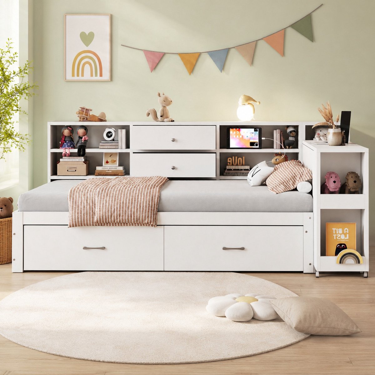 COVREO Multifunctioneel bed met bureau – 232x130x100 cm – Eenpersoonsbed met opbergruimte – voor kinderkamer – Wit - zonder matras