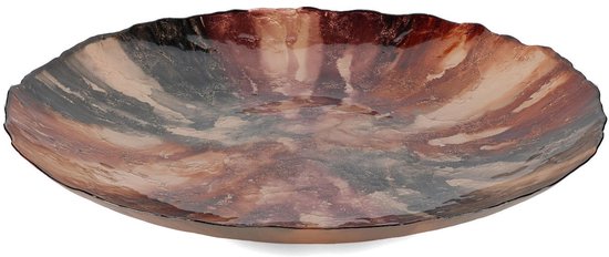 Decoratieve glas-schaal met marmerlook in bruin, beige en zwart. Golvende rand.