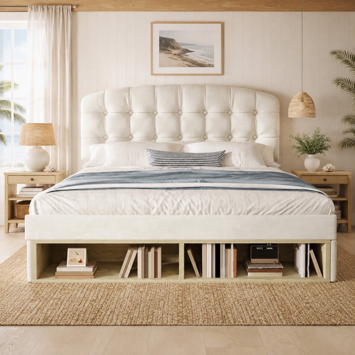COVREO Tweepersoonsbed 140x200 cm met verstelbaar hoofdeinde – Gestoffeerd bed met lades en opbergruimte – Bed voor volwassenen en slaapkamer – 207x151x120 cm – Beige - zonder matras