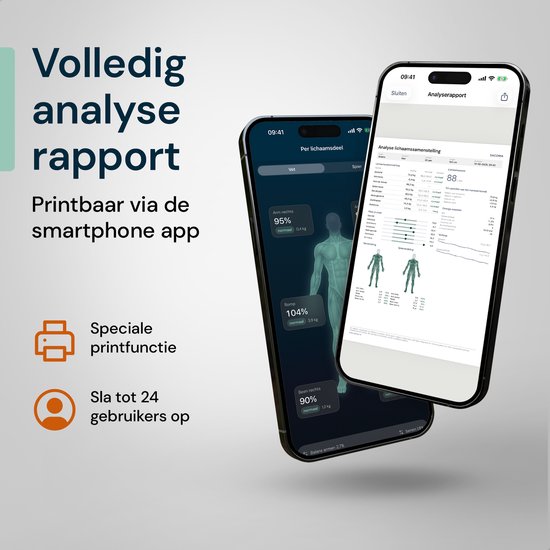 Un smartphone affiche un rapport d'analyse avec des données corporelles, telles que le pourcentage de graisse et la masse musculaire.