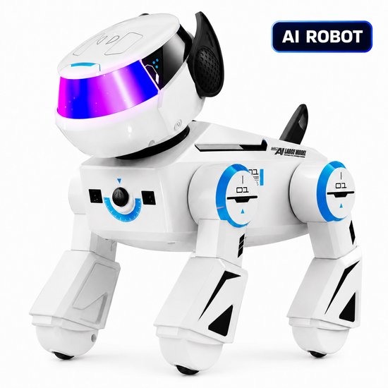 Witte AI-robothond met blauwe LED-ogen en futuristische details op een witte achtergrond.