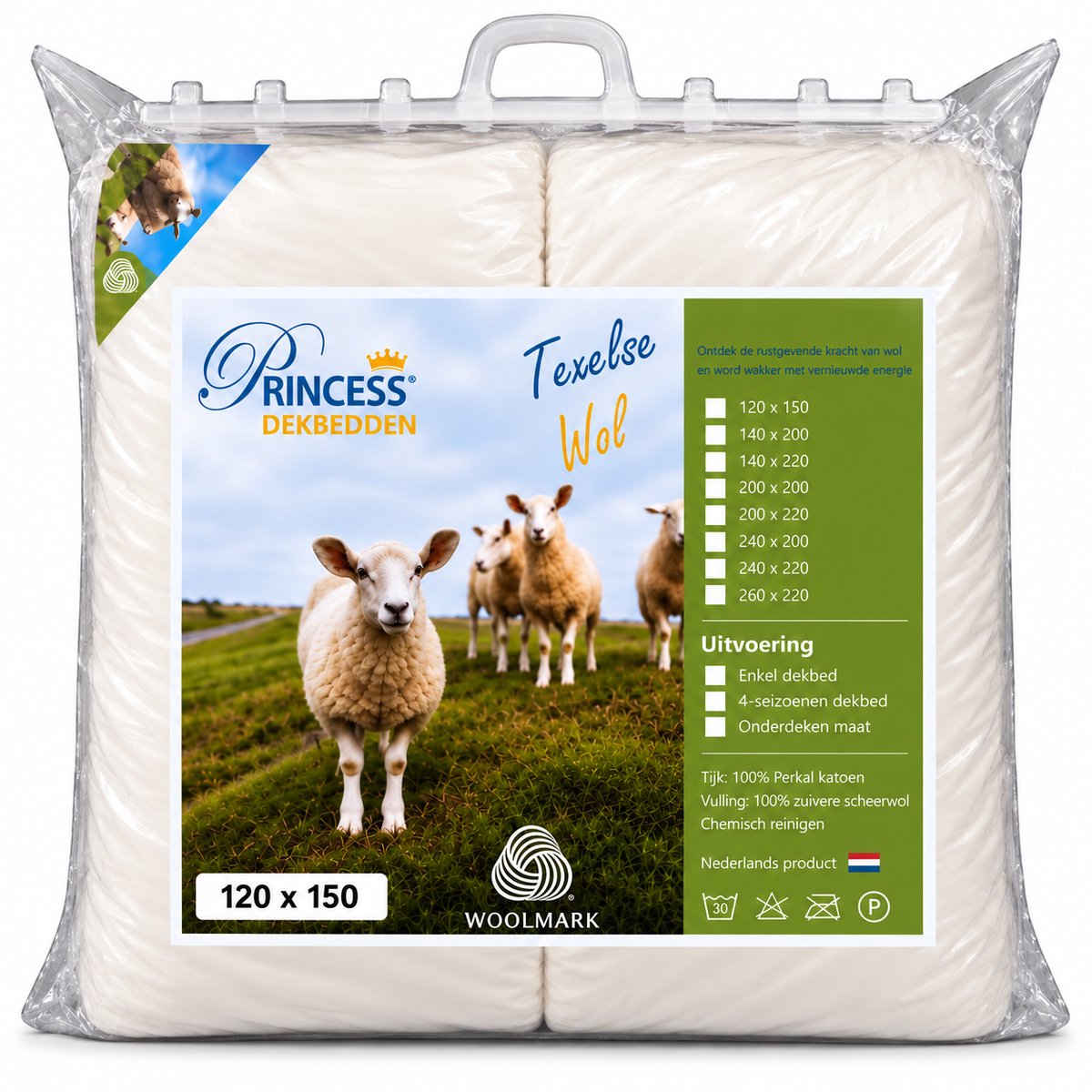 princessdekbedden Luxe Wollen Kinderdekbed Enkel (All Year) - 120x150m - 100% Zuivere Texelse Wol - Ademend Wit